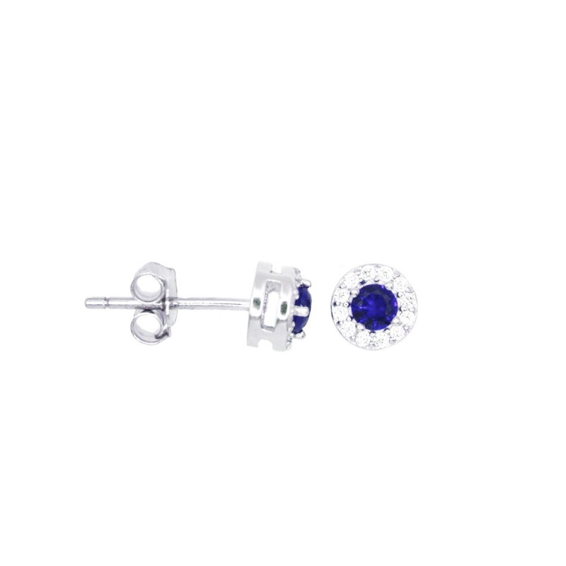 Round blue zircon stud earrings in white gold plated white zircon frame in 925 silver