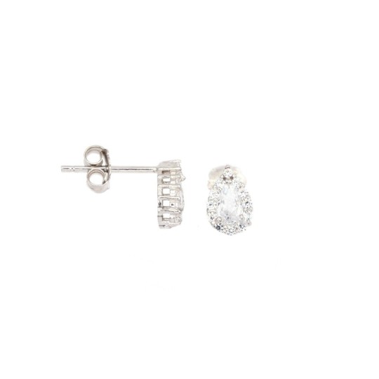 Stud earrings with white teardrop zircon in a frame of white gold-plated zircons in 925 silver