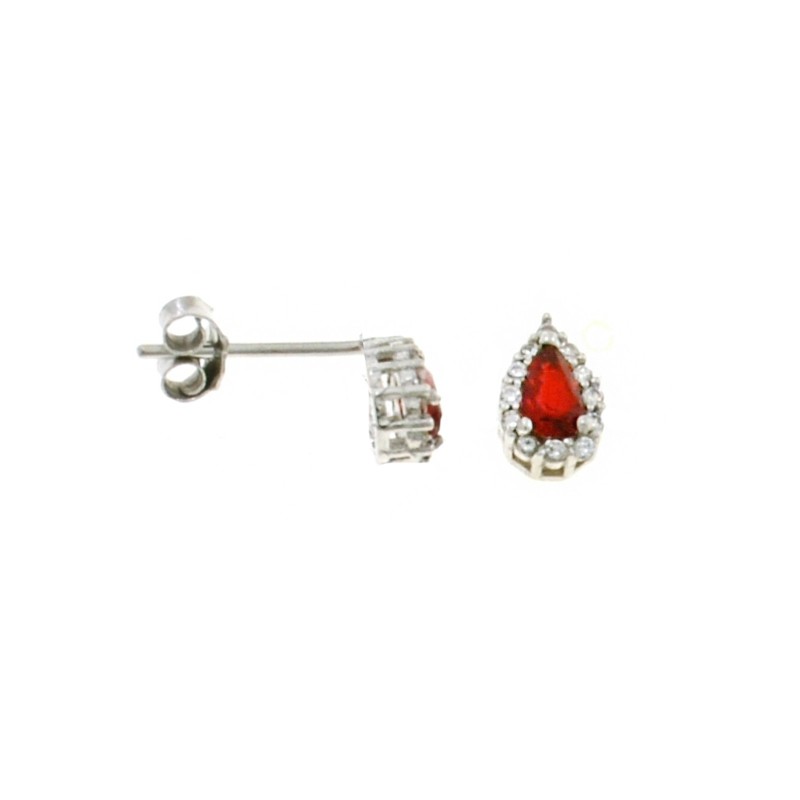 Lobe earrings with central red teardrop zircon in a frame of white gold plated white zircons in 925 silver