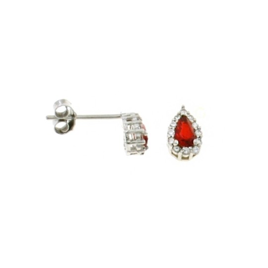 Orecchini al lobo con zircone centrale a goccia rosso in cornice di zirconi bianchi placcati oro bianco in argento 925