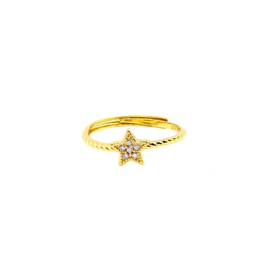 Anello regolabile corda con stella centrale a pavé di zirconi bianchi placcato oro giallo in argento 925