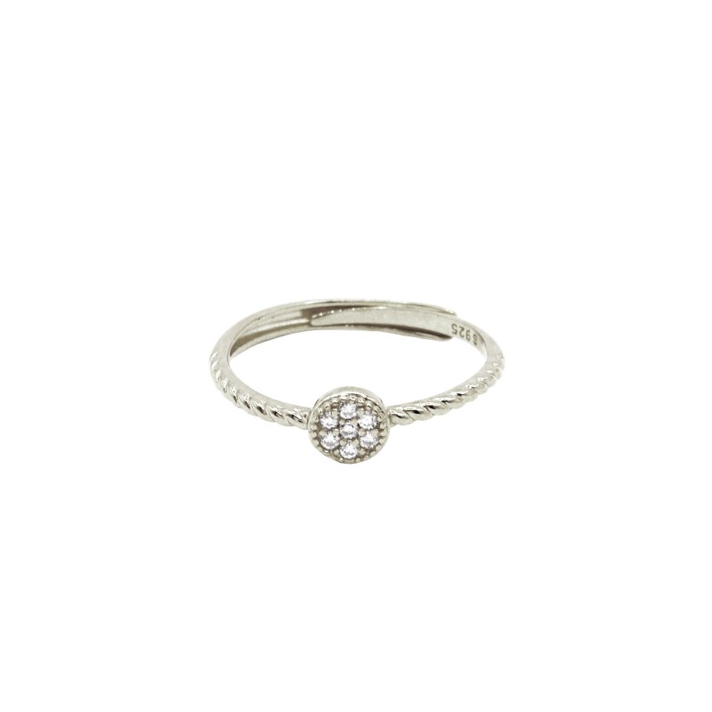 Adjustable rope ring with central round pavé of white zirconia plated in white gold in 925 silver