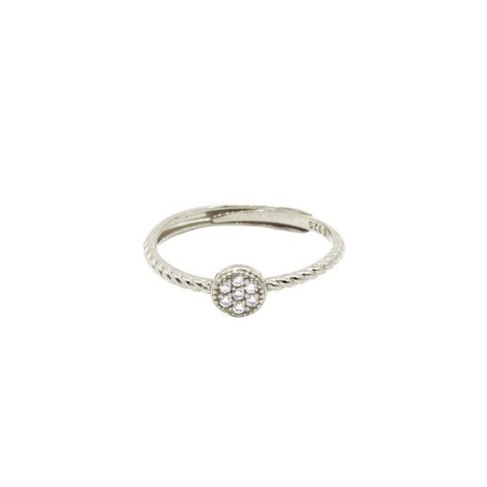 Adjustable rope ring with central round pavé of white zirconia plated in white gold in 925 silver
