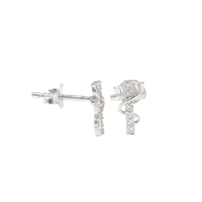 White zircon cross lobe earrings with smooth snake white gold plated in 925 silver