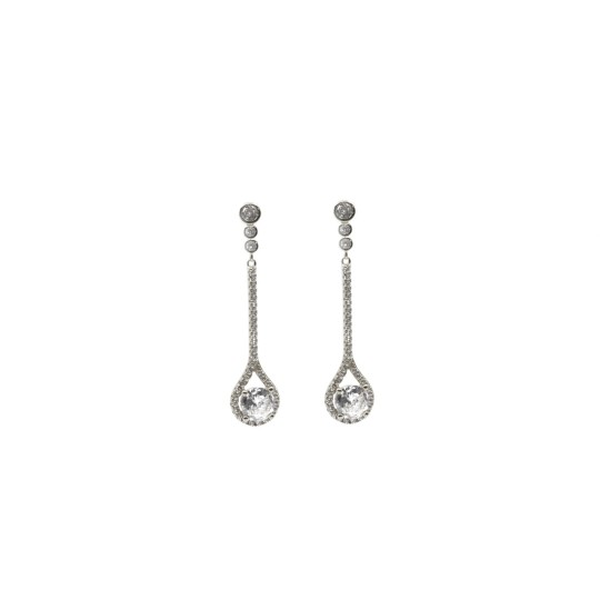 Drop earring with rigid segment and pendant drop in a frame of white zircons plated in white gold in 925 silver