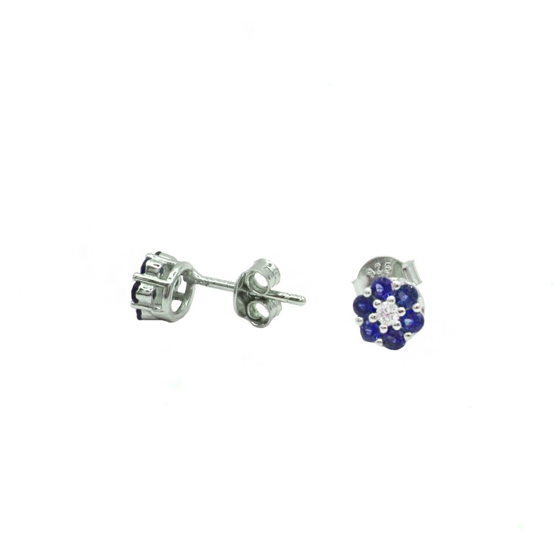 Flower lobe earrings with blue zircons and white central light point white gold plated in 925 silver