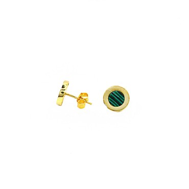 Round lobe earrings with yellow gold plated malachite center in 925 silver