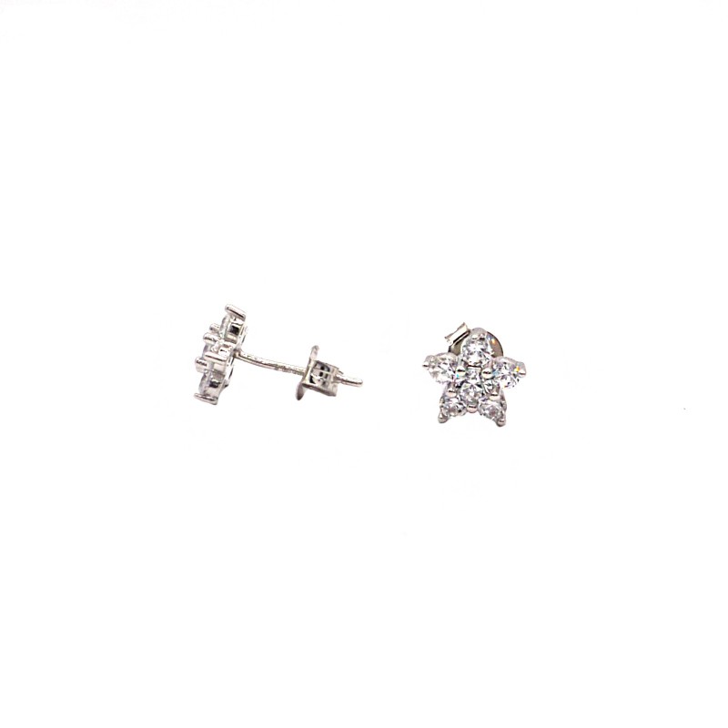 White gold plated white zircon flower stud earrings in 925 silver