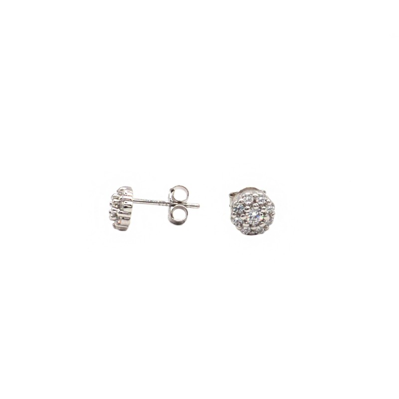 White gold plated white zircon pavé flower lobe earrings in 925 silver
