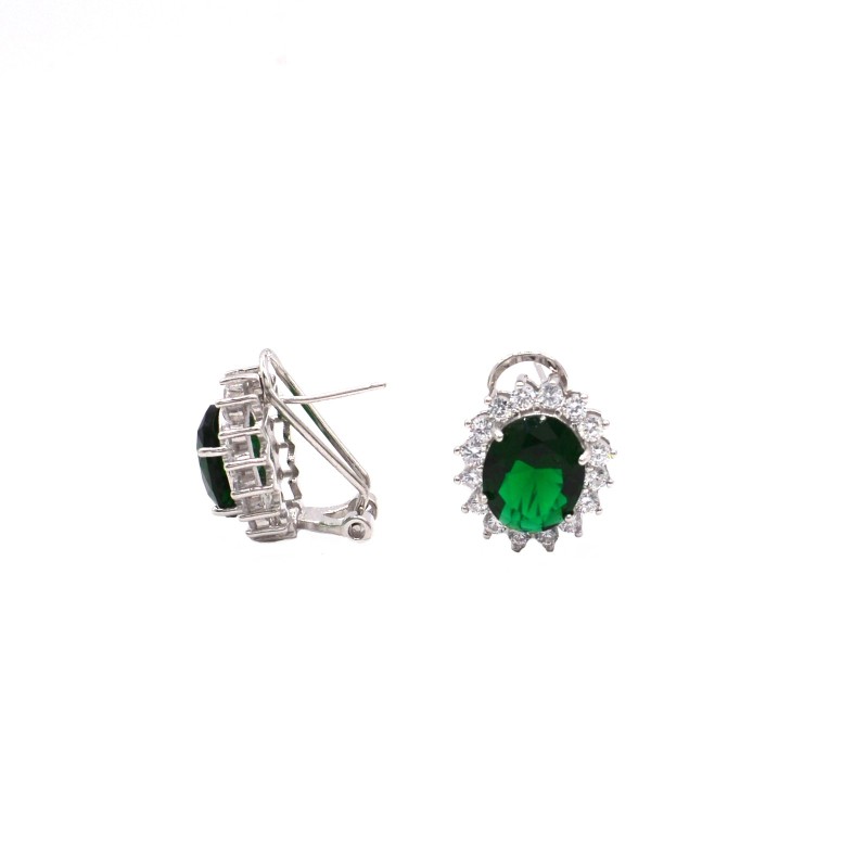 Stud earrings with green oval stone in a white zircon frame with 925 silver white gold plated pin and clip attachment