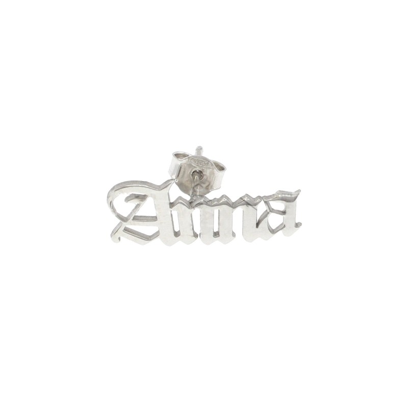 Single lobe earring with gothic name plate with pressure attachment, white gold plated in 925 silver