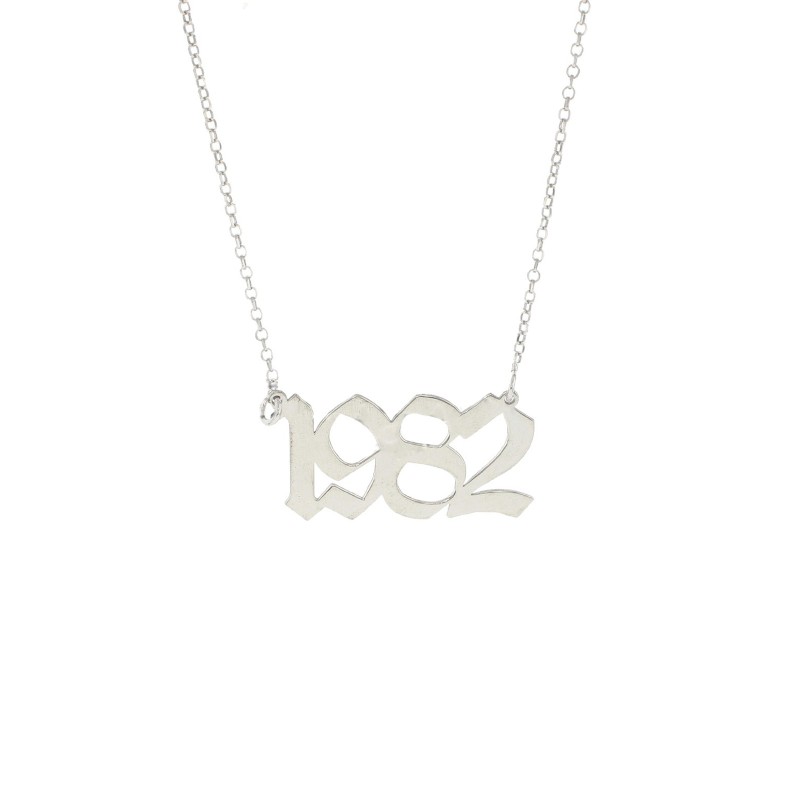 Diamond-coated rolo chain necklace with central Gothic year in white gold plated 925 silver plate