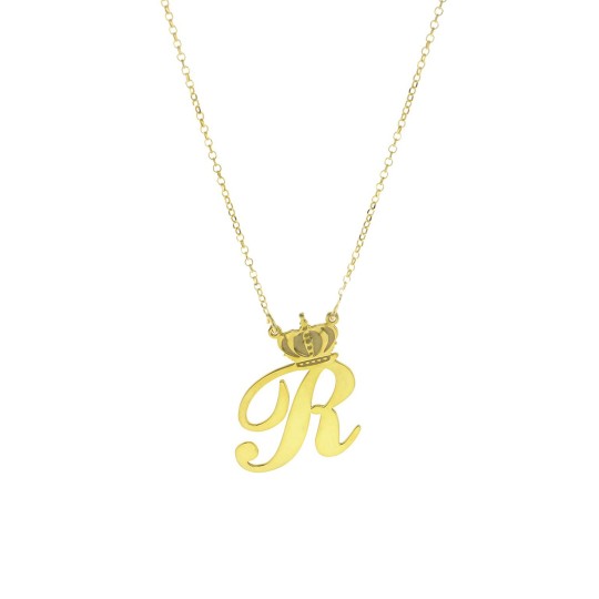 Collana maglia rolò diamantata con centrale a lastra lettera con corona placcata oro giallo in argento 925