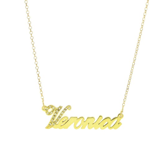 Collana maglia rolò diamantata con centrale nome a lastra con iniziale zirconata bianca placcata oro giallo in argento 925