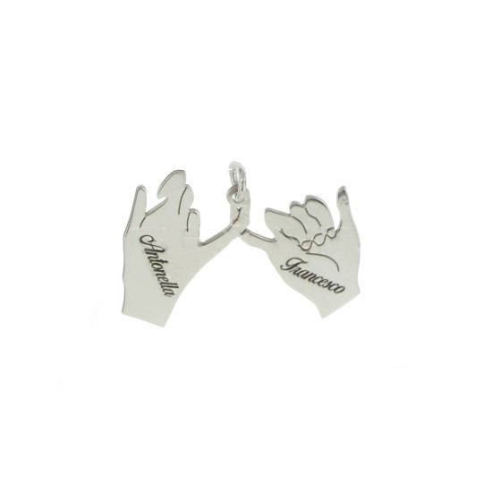 White gold plated hands plate pendant with intertwined pinkies with engraved names in 925 silver