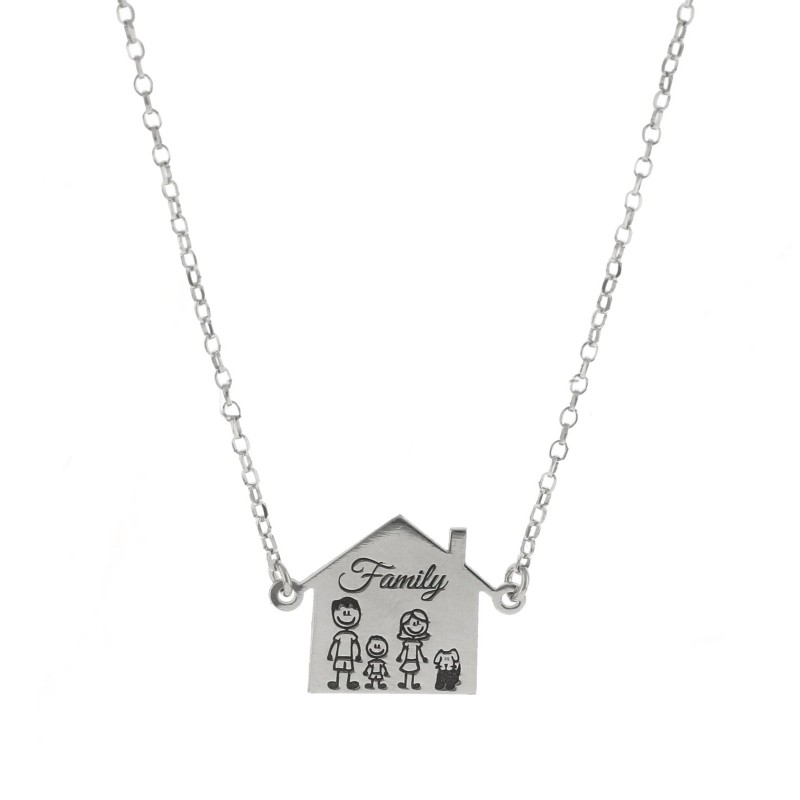 Diamond-coated rolo chain necklace with central plate house with "Family" writing and engraved subjects, white gold plated in 92