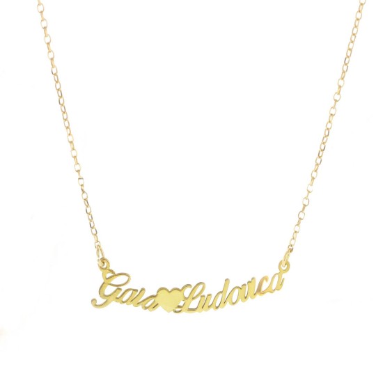 Collana maglia rolò diamantata con centrale a lastra due nomi in corsivo con cuore centrale placcata oro giallo in argento 925