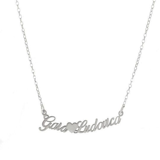 Collana maglia rolò diamantata con centrale a lastra due nomi in corsivo con cuore centrale placcata oro bianco in argento 925
