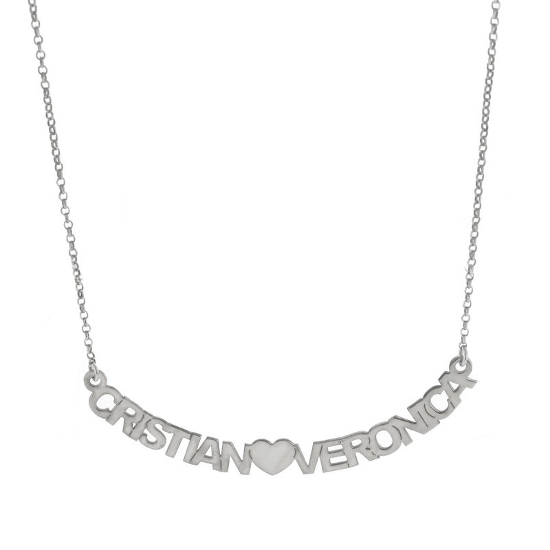 Diamond rolo mesh necklace with central plate two names with central heart plated in white gold in 925 silver