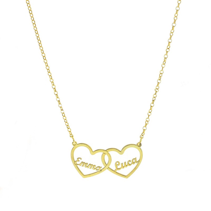 Diamond-coated rolo necklace with central plate two names in yellow gold plated heart frames in 925 silver
