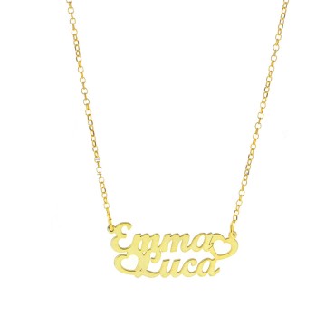 Collana maglia rolò diamantata con centrale a lastra due nomi con cuori traforati placcata oro giallo in argento 925
