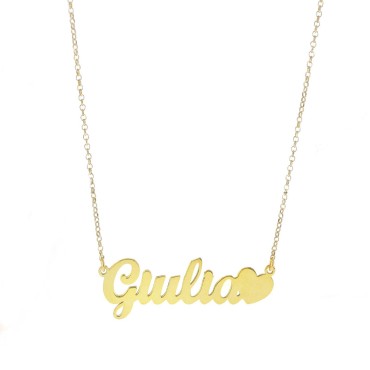 Diamond-coated rolò necklace with central name plate with yellow gold plated heart in 925 silver
