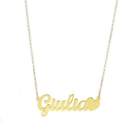 Collana maglia rolò diamantata con centrale a lastra nome con cuore placcata oro giallo in argento 925