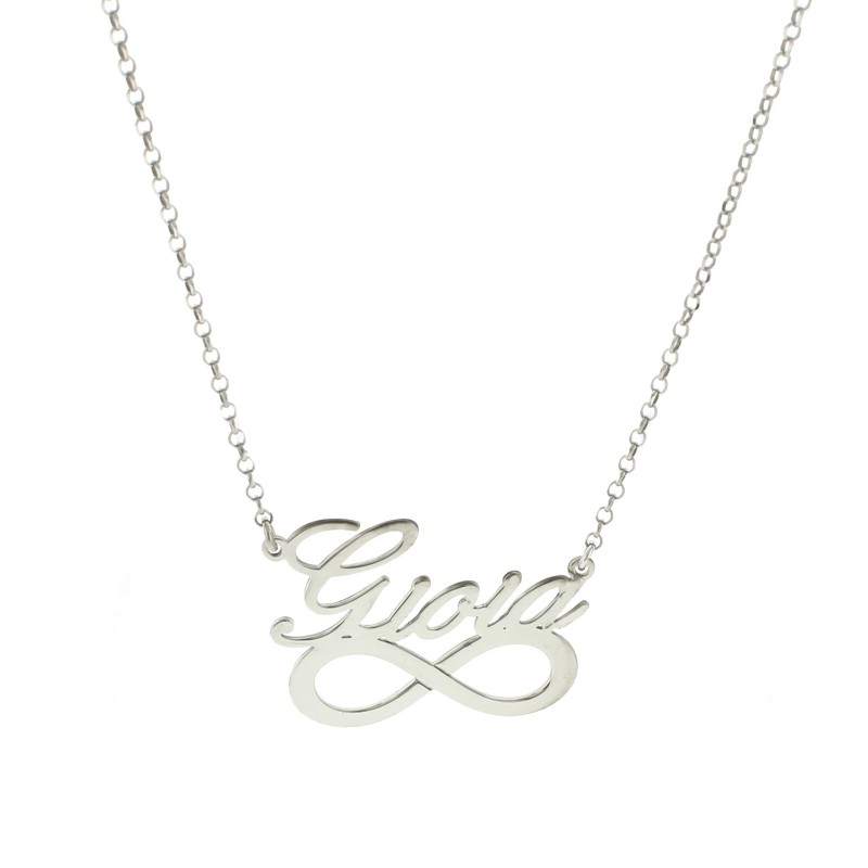 Diamond-coated rolò necklace with central name and infinity in white gold plated 925 silver plate