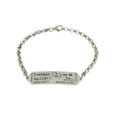 Rolo mesh bracelet with name in central plate white gold plated in 925 silver