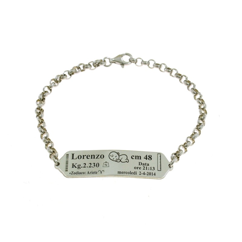 Rolo mesh bracelet with name in central plate white gold plated in 925 silver