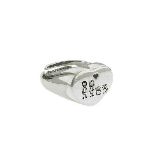 Anello family mignolo regolabile a scudo cuore con soggetti personalizzati incisi e cuore smaltato rosso placcato oro bianco in 