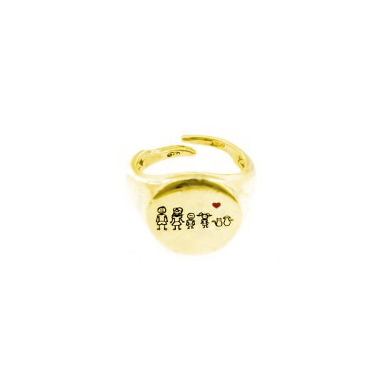 Anello family mignolo regolabile a scudo tondo con soggetti personalizzati incisi e cuore smaltato rosso placcato oro giallo in 