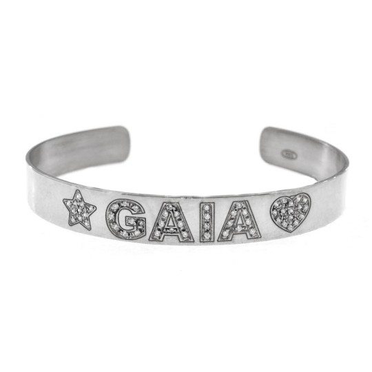 Bracciale rigido a fascia regolabile con nome zirconato bianco placcato oro bianco in argento 925
