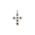 Cross pendant with white and fuchsia zircons and fixed white gold plated zirconia counter-link in 925 silver