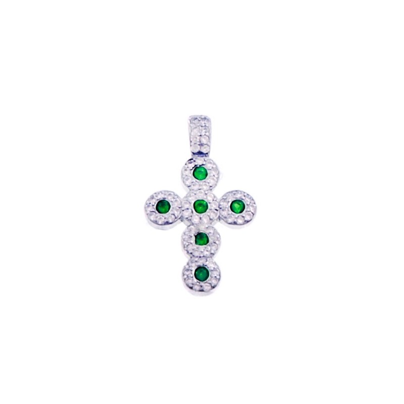 Cross pendant with white and green zircons and fixed white gold plated zirconia counter in 925 silver