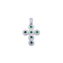 Cross pendant with white and green zircons and fixed white gold plated zirconia counter in 925 silver