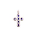 Cross pendant with white and blue zircons and fixed white gold plated zirconia counter-link in 925 silver