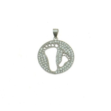 Round pendant in white zircons pave with pierced feet white gold plated in 925 silver