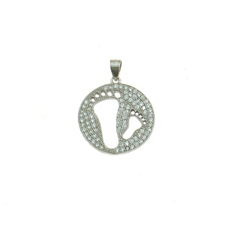 Round pendant in white zircons pave with pierced feet white gold plated in 925 silver