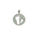Round pendant in white zircons pave with pierced feet white gold plated in 925 silver