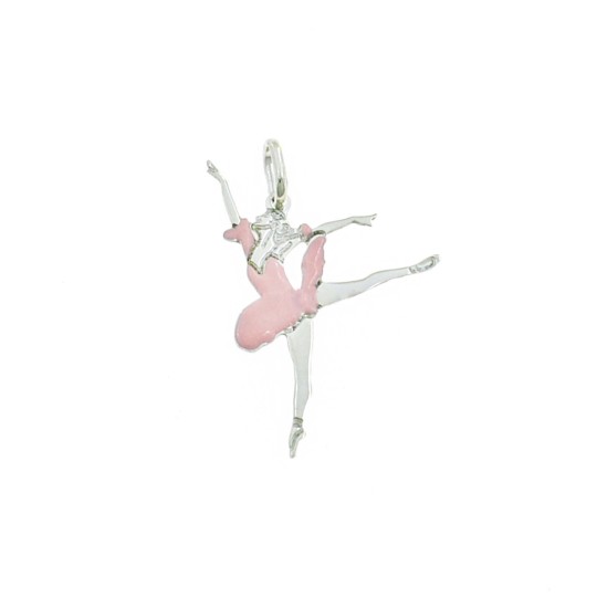 Ciondolo ballerina a lastra incisa smaltato rosa 23x32 mm placcato oro bianco in argento 925