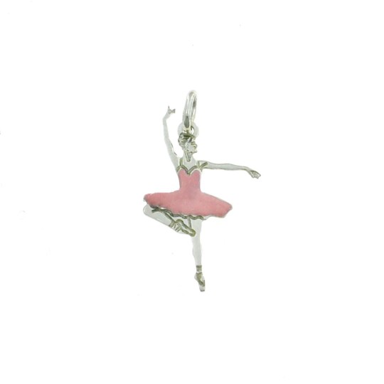 Ciondolo ballerina a lastra incisa smaltato rosa 18x28 mm placcato oro bianco in argento 925