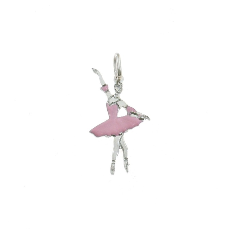Engraved plate ballerina pendant 16x28 mm pink enamelled white gold plated in 925 silver