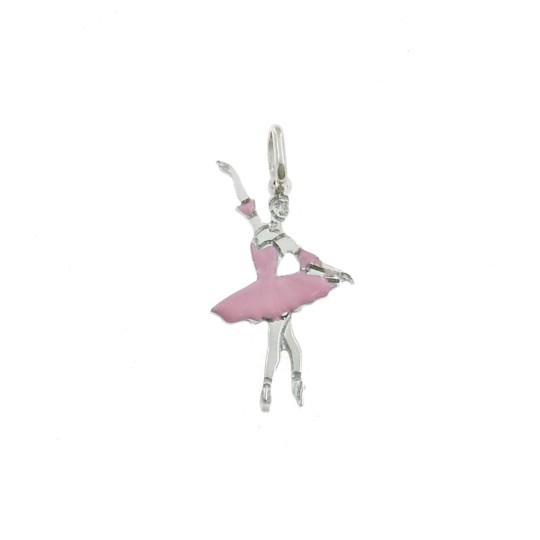 Ciondolo ballerina a lastra incisa smaltato rosa 16x28 mm placcato oro bianco in argento 925