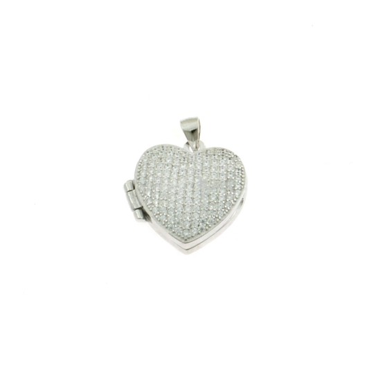 Ciondolo portafoto a cuore con pavè di zirconi bianchi anteriore placcato oro bianco in argento 925