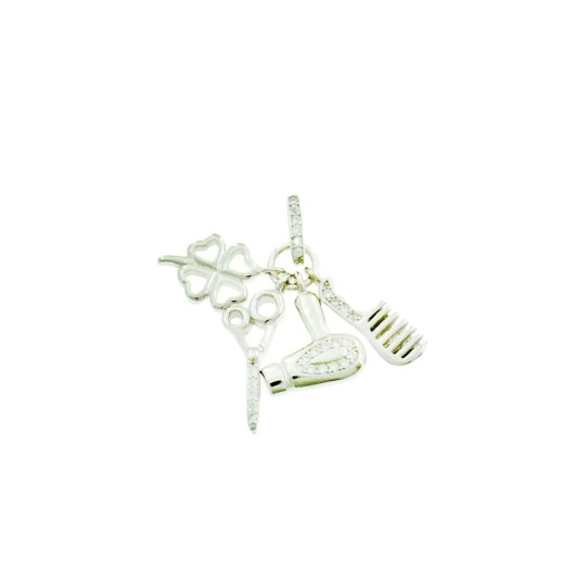 Pendant with comb, hairdryer and white semi-zircon scissors pendants and openwork four-leaf clover white gold plated 925 silver