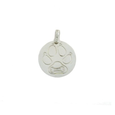 Round medal pendant with paw and bone engraved white gold plated in 925 silver