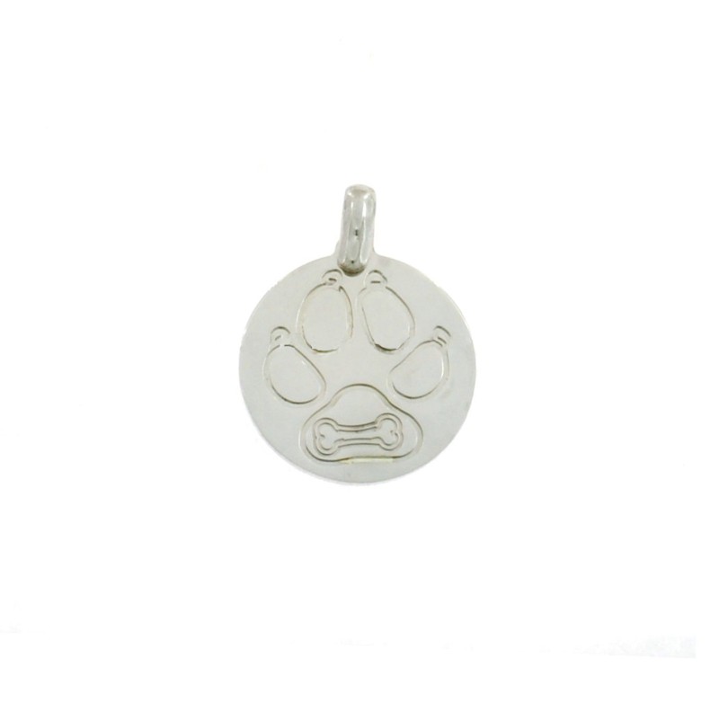 Round medal pendant with paw and bone engraved white gold plated in 925 silver