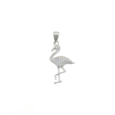 White zircon pave flamingo pendant with shiny paws and beak white gold plated 925 silver