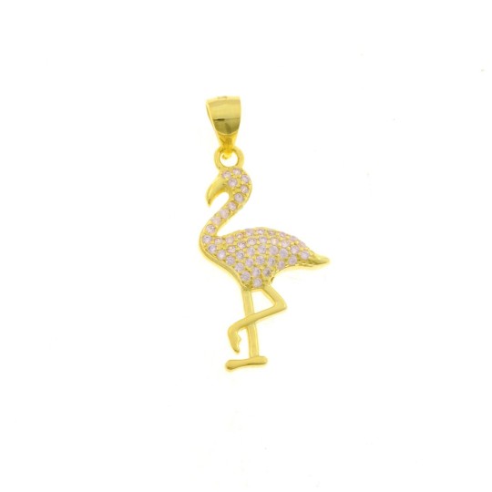 Pink zircon pave flamingo pendant with shiny paws and beak yellow gold plated 925 silver
